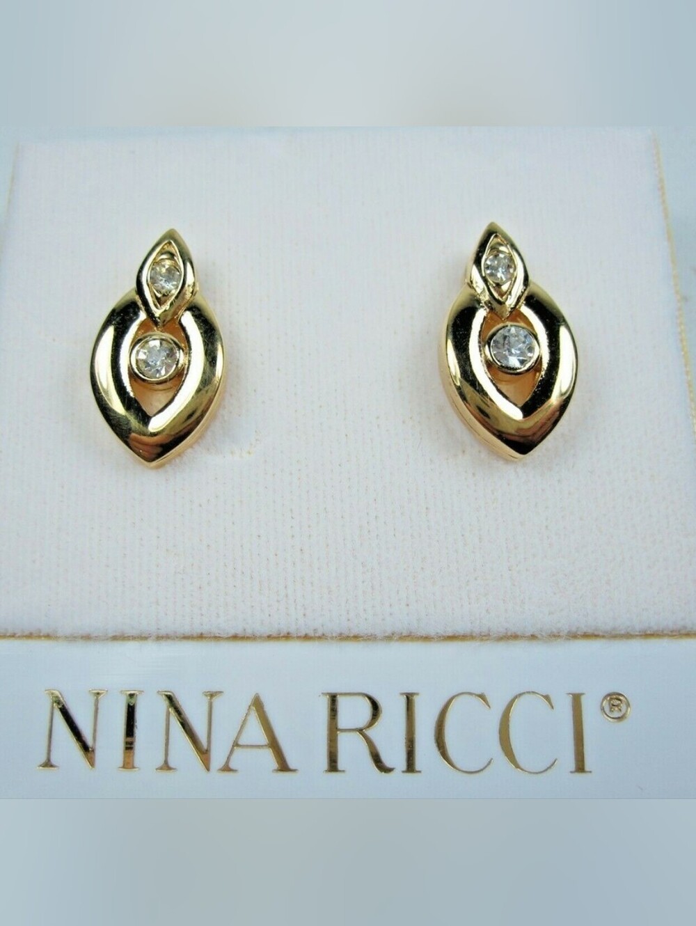 Nina Ricci Gold Gold Plated Teardrop w Swavorski Crystal Stud Earrings New